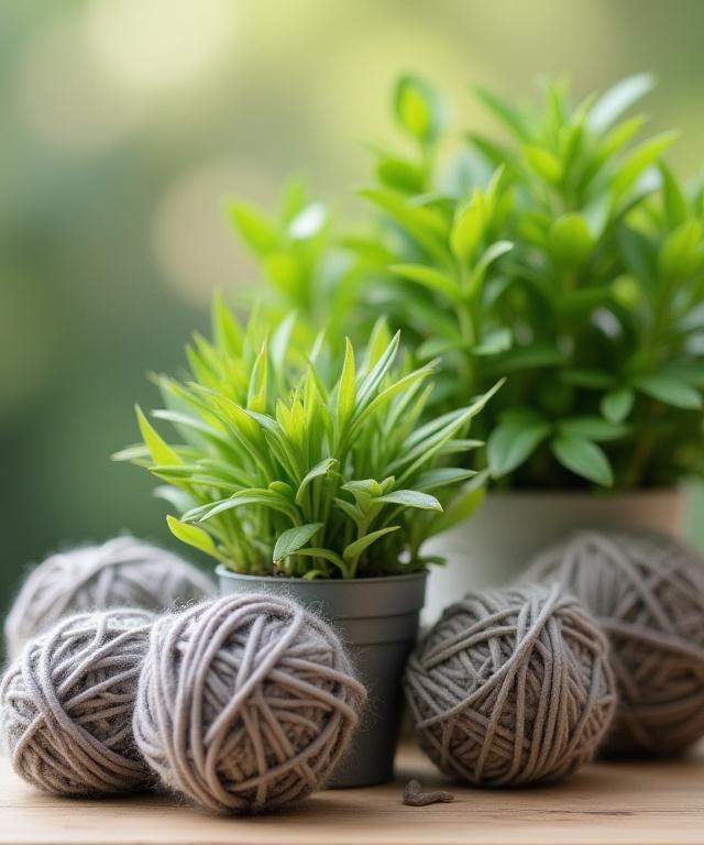 재활용된 실뭉치와 푸른 식물들